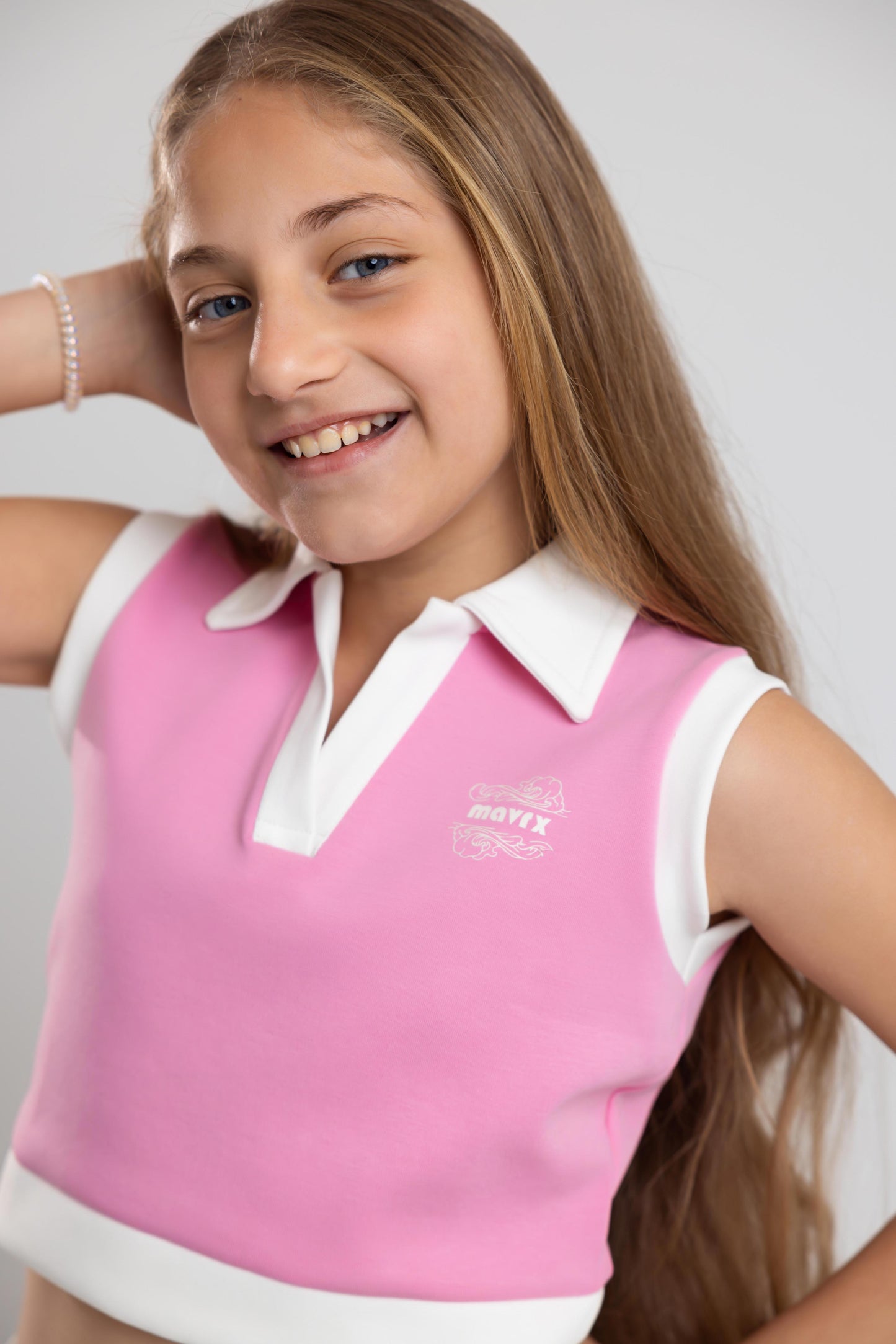 Polo crop top & Skirt Set ( Pink X White )