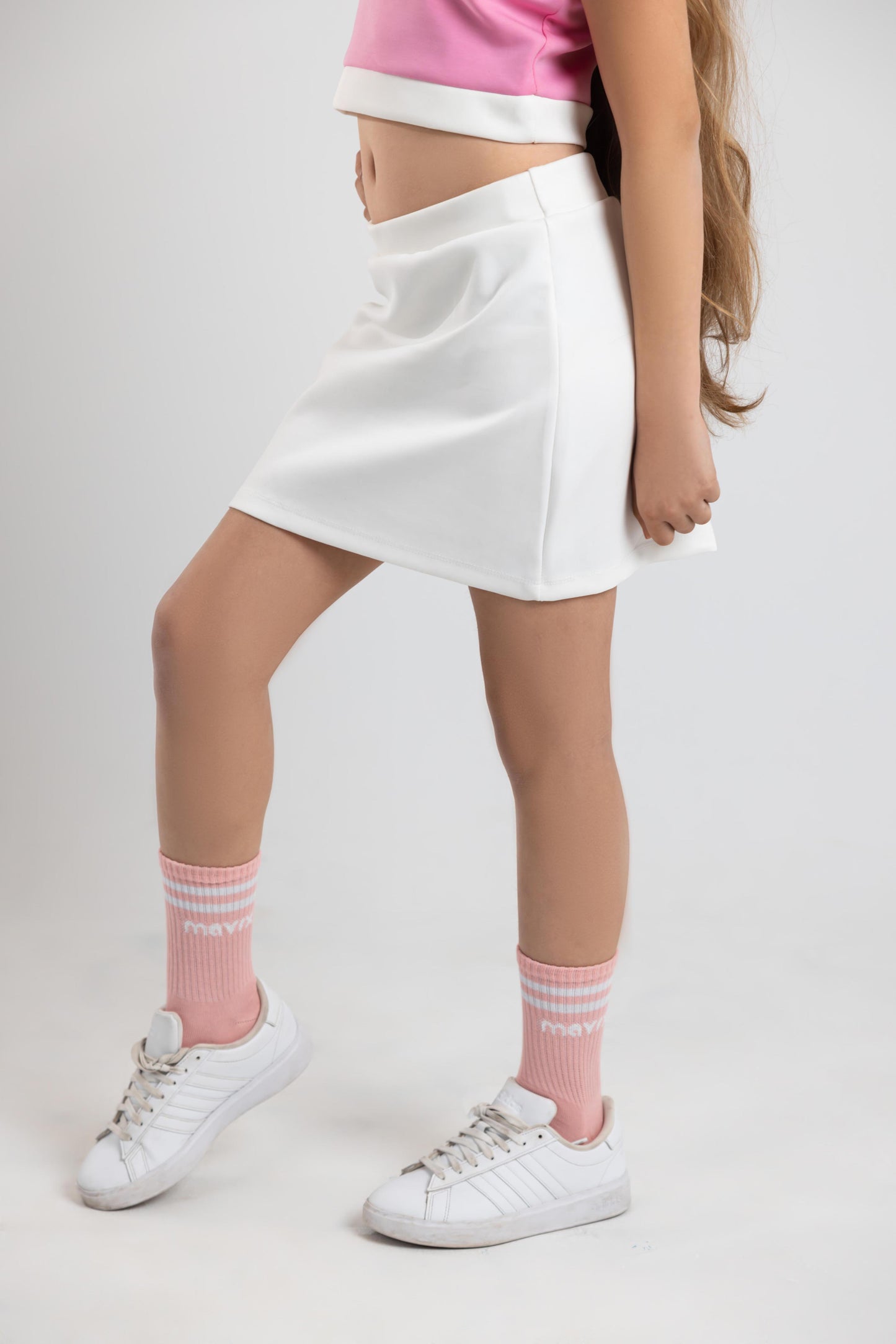 Polo crop top & Skirt Set ( Pink X White )