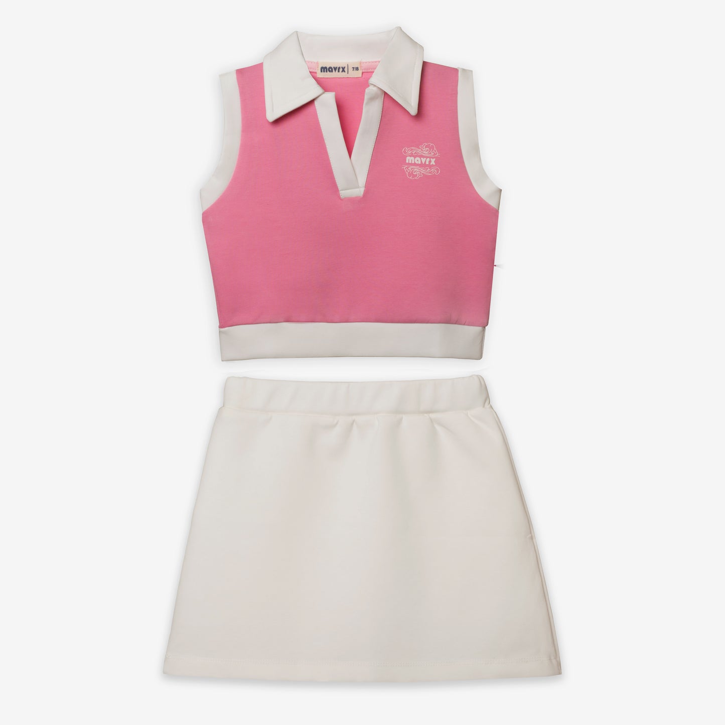 Polo crop top & Skirt Set ( Pink X White )