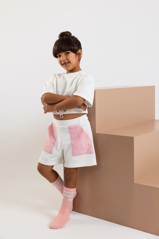 Girl's Set with Waterproof Pockets (Off White X Pink)