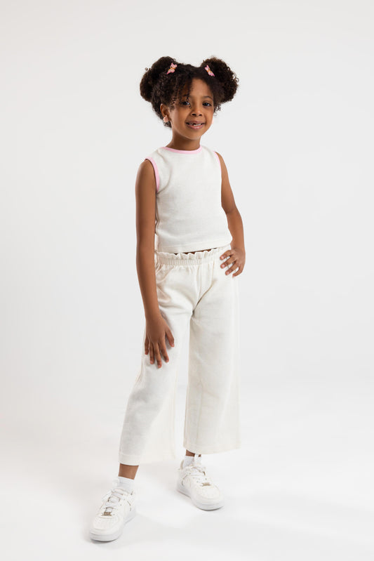Top & Trouser Girls Set (Off White x Pink )