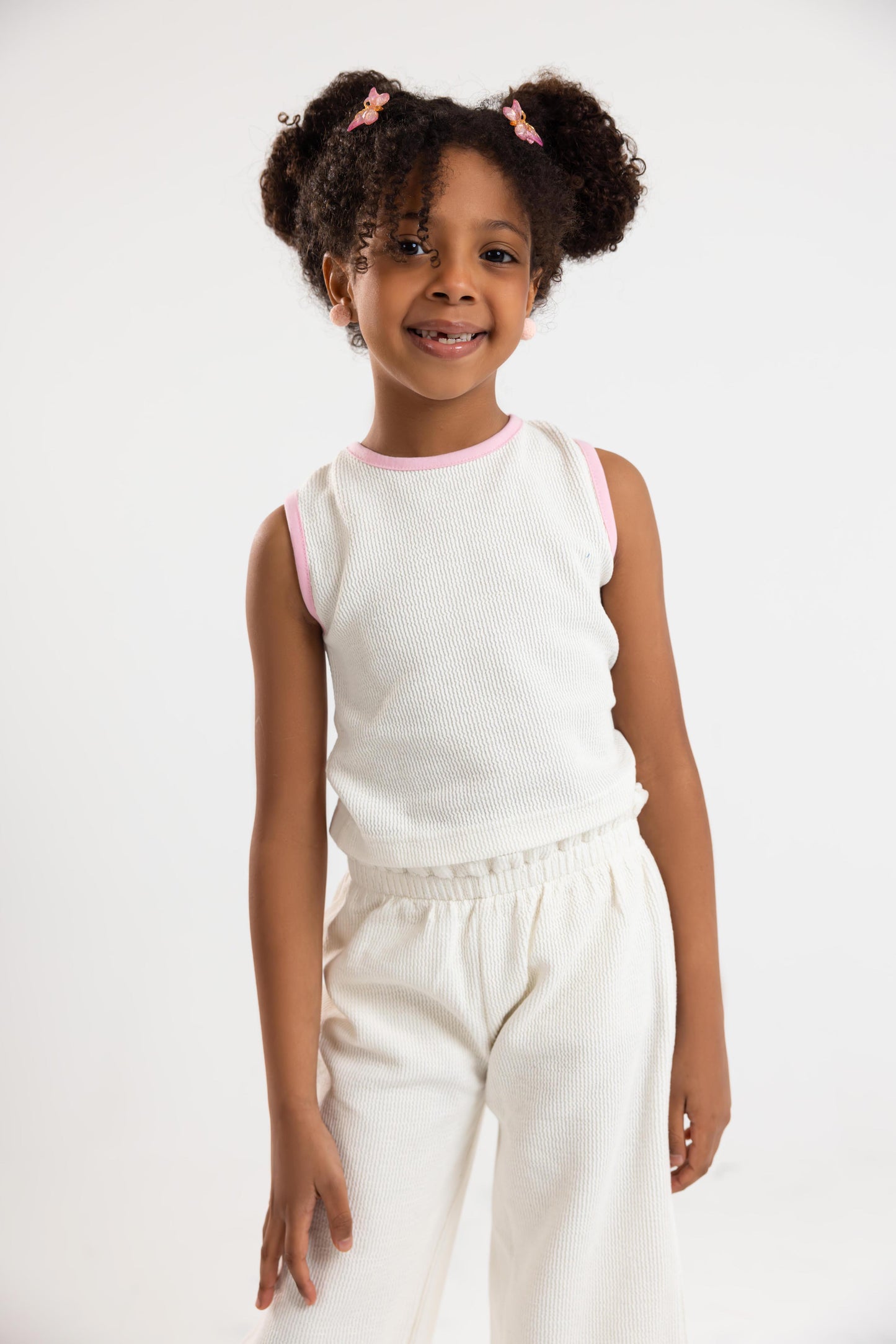 Top & Trouser Girls Set (Off White x Pink )