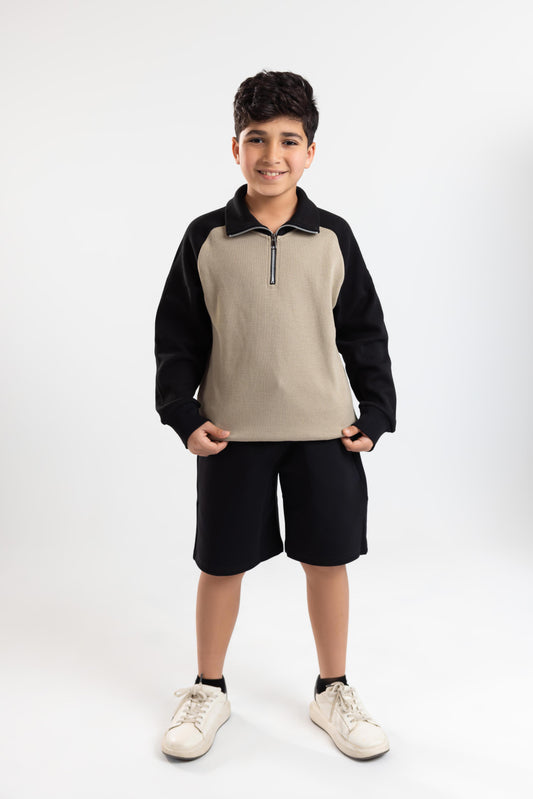 Quarter-Zip Textured Sweatshirt (beige x black)