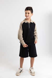 Quarter-Zip Textured Sweatshirt (Black x Beige)