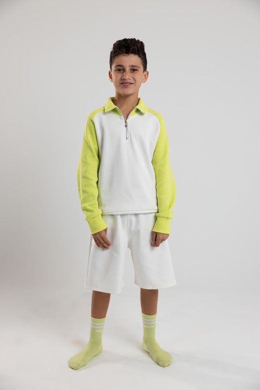 Quarter-Zip Textured Sweatshirt (White x Lime)