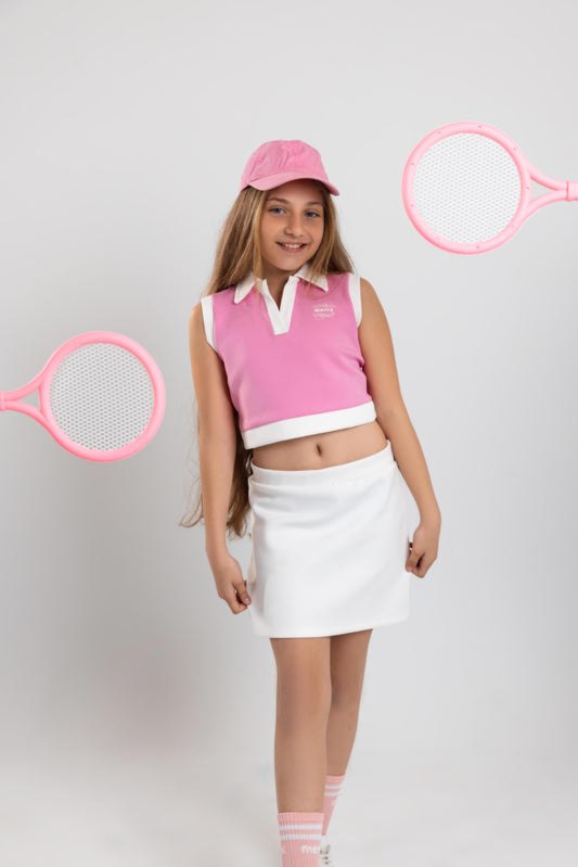 Polo crop top & Skirt Set ( Pink X White )