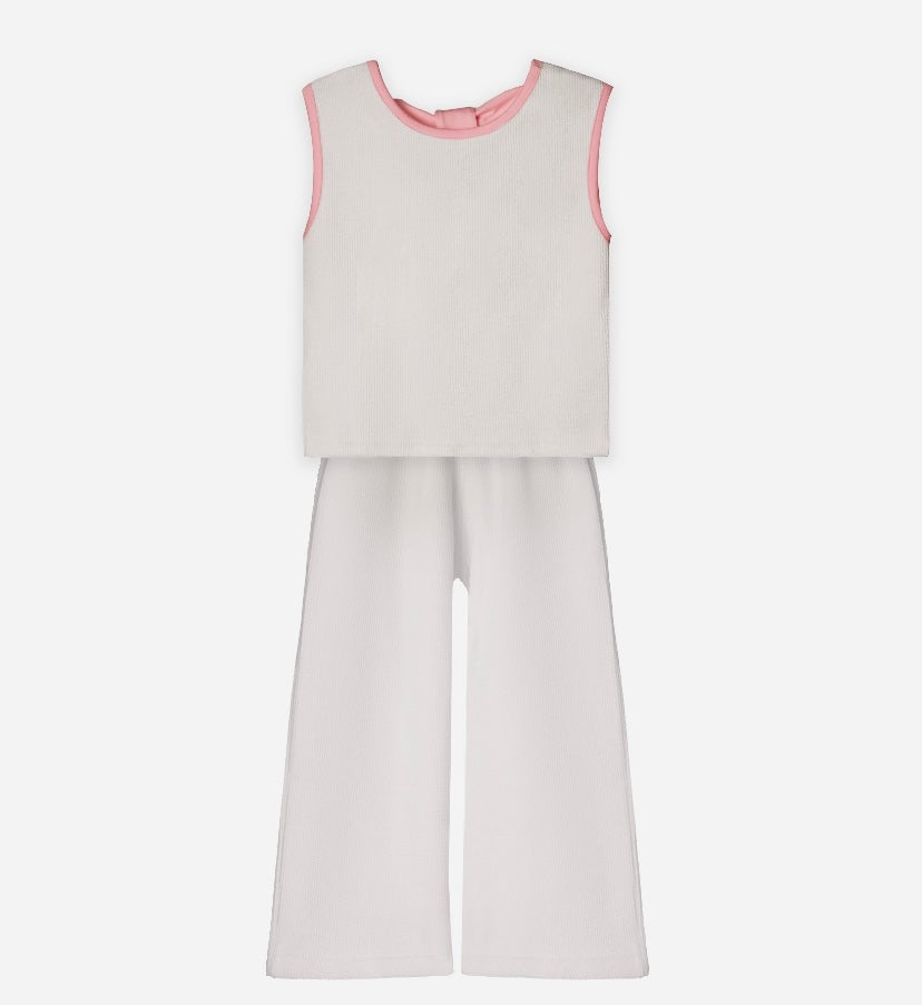 Top & Trouser Girls Set (Off White x Pink )